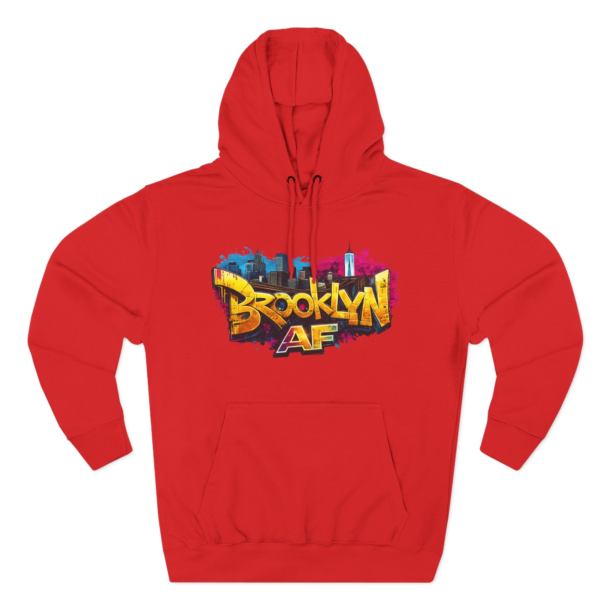 Red hoodie, flat lay front view, with colorful graffiti-style Brooklyn AF lettering and NYC skyline paint-splash print.