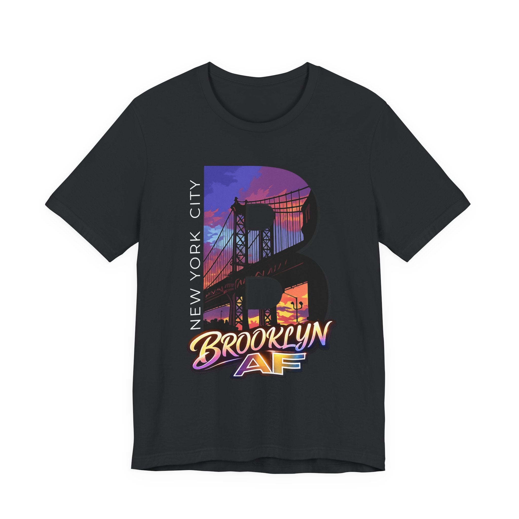 Vintage black t-shirt, flat lay front view, with a bold B and a purple-orange Brooklyn Bridge sunset skyline graphic.
