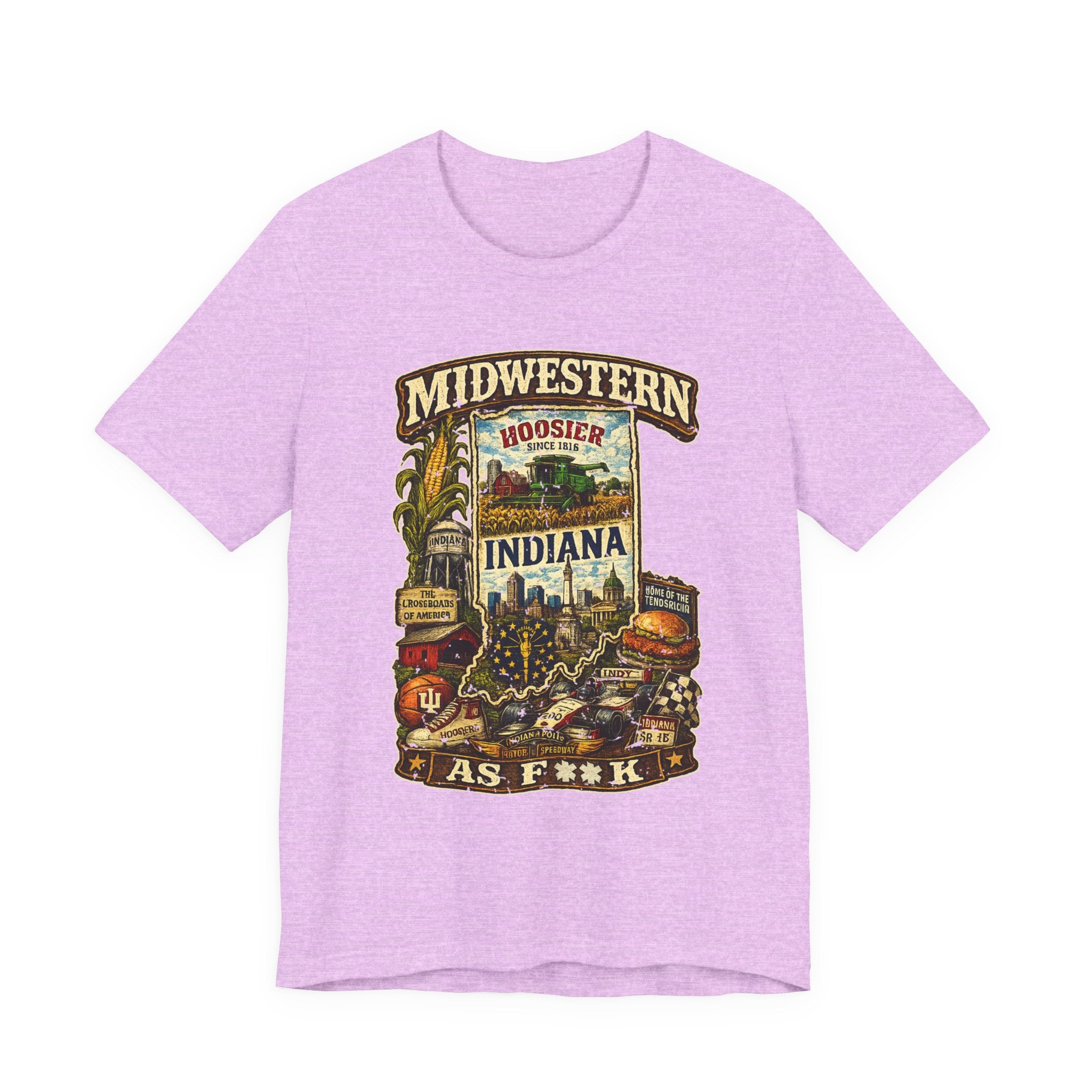 Heather Prism Lilac Midwestern As F**K Indiana T-Shirt, slightly salty Hoosier State pride tee