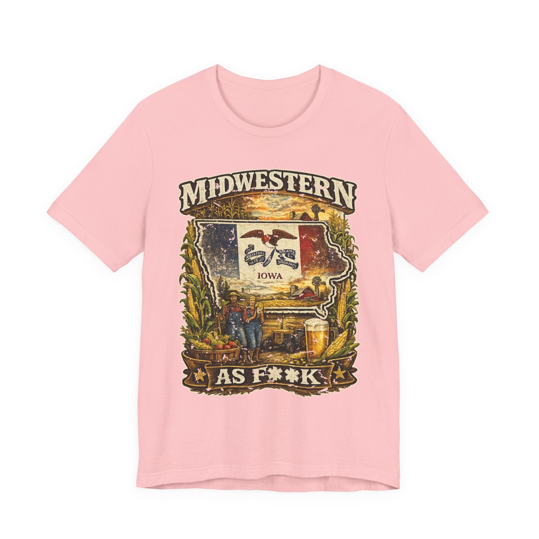 Slightly Salty Midwestern As F**K Iowa T-Shirt in Pink – a distressed vintage design featuring the outline of Iowa overlaid with the Iowa state flag, surrounded by towering corn stalks, rolling farmland, a classic red barn, a windmill, a tractor, and an overflowing harvest basket
