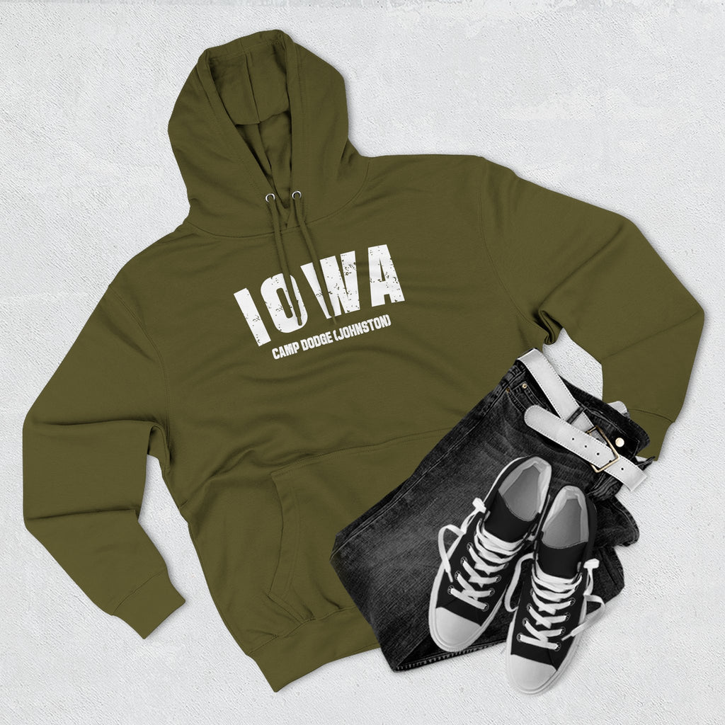 Army green Iowa hoodie styled flat with black jeans and trainers, varsity IOWA over CAMP DODGE JOHNSTON