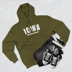 Army green Iowa hoodie styled flat with black jeans and trainers, varsity IOWA over CAMP DODGE JOHNSTON