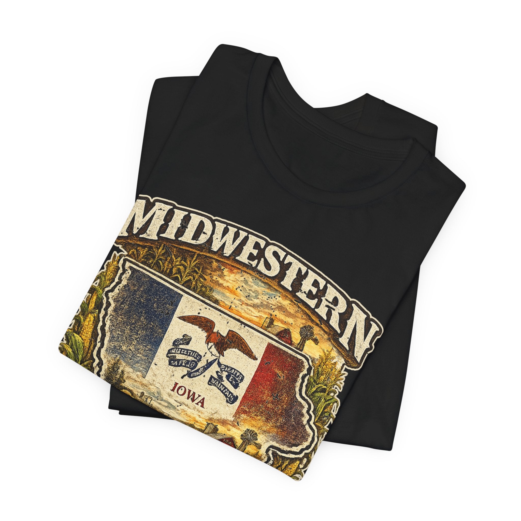 Slightly Salty Midwestern As F**K Iowa T-Shirt – product photo 6 featuring a distressed vintage design featuring the outline of Iowa overlaid with the Iowa state flag, surrounded by towering corn stalks, rolling farmland, a classic red barn, a windmill, a tractor, and an overflowing harvest basket