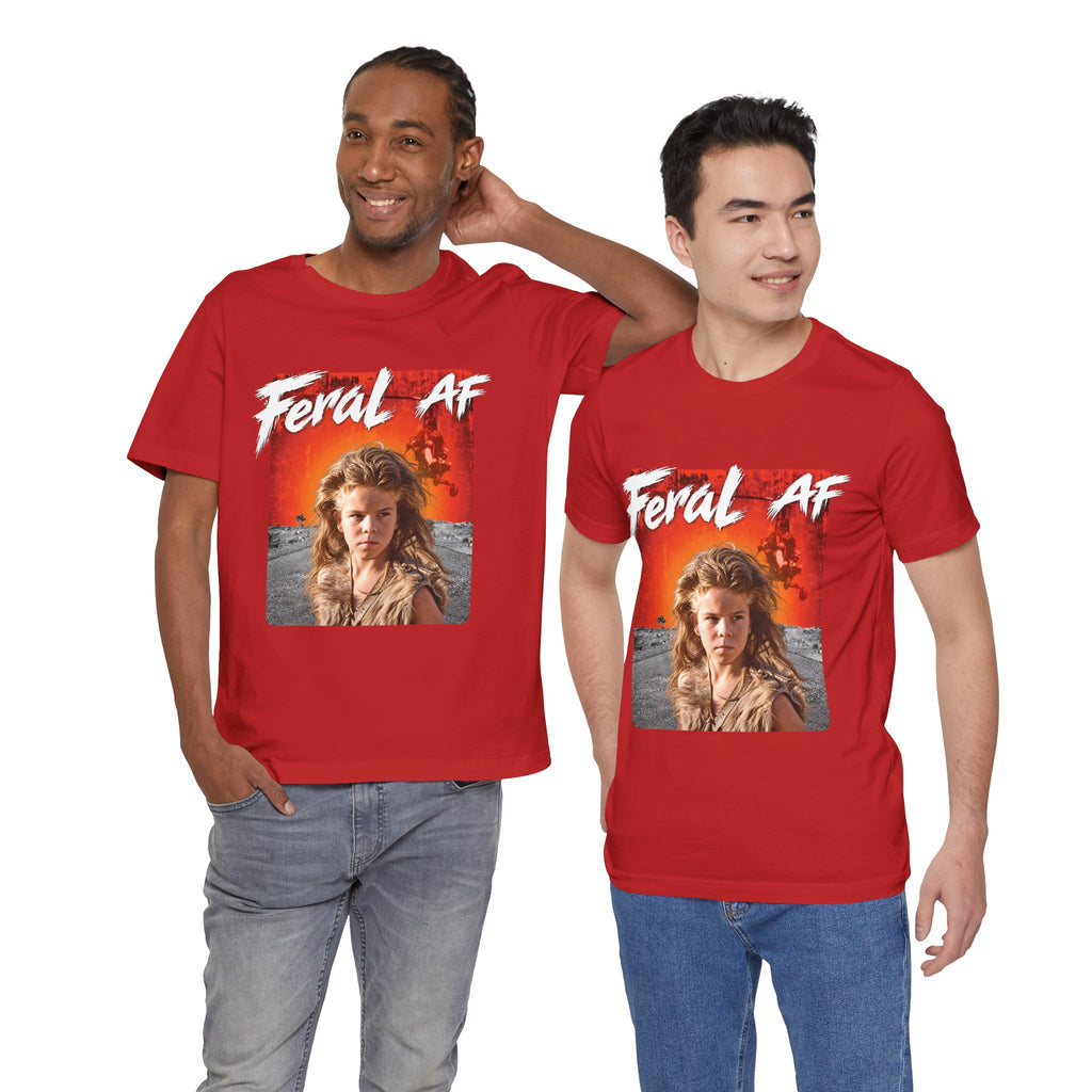 Two men wearing the Red Feral AF T-shirt in a studio, the front print set against bright red