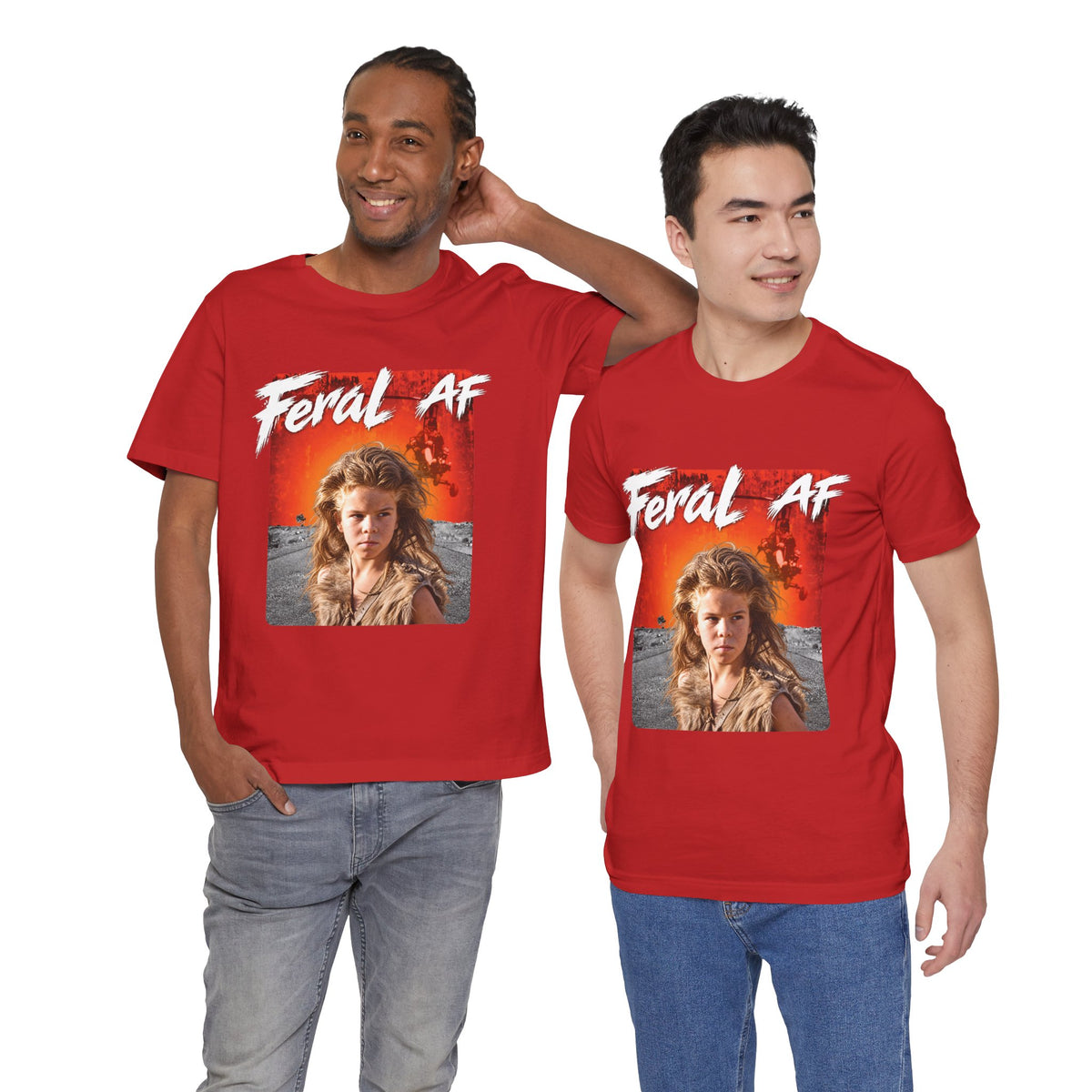 Two men wearing the Red Feral AF T-shirt in a studio, the front print set against bright red