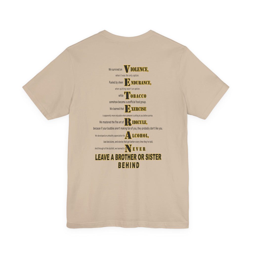 Army veteran T-shirt in Tan showing the full VETERAN acrostic back print in gold
