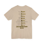 Army veteran T-shirt in Tan showing the full VETERAN acrostic back print in gold