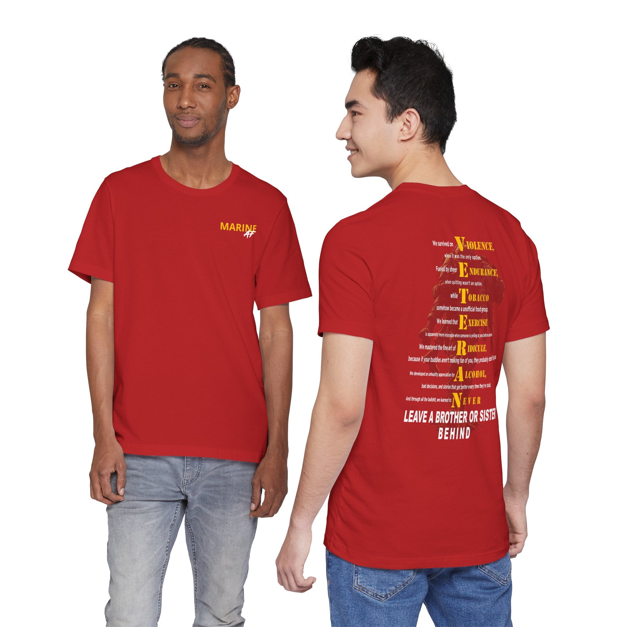 Two men wearing the personalized Marine Corps veteran T-shirt in Red, showing the front and back prints