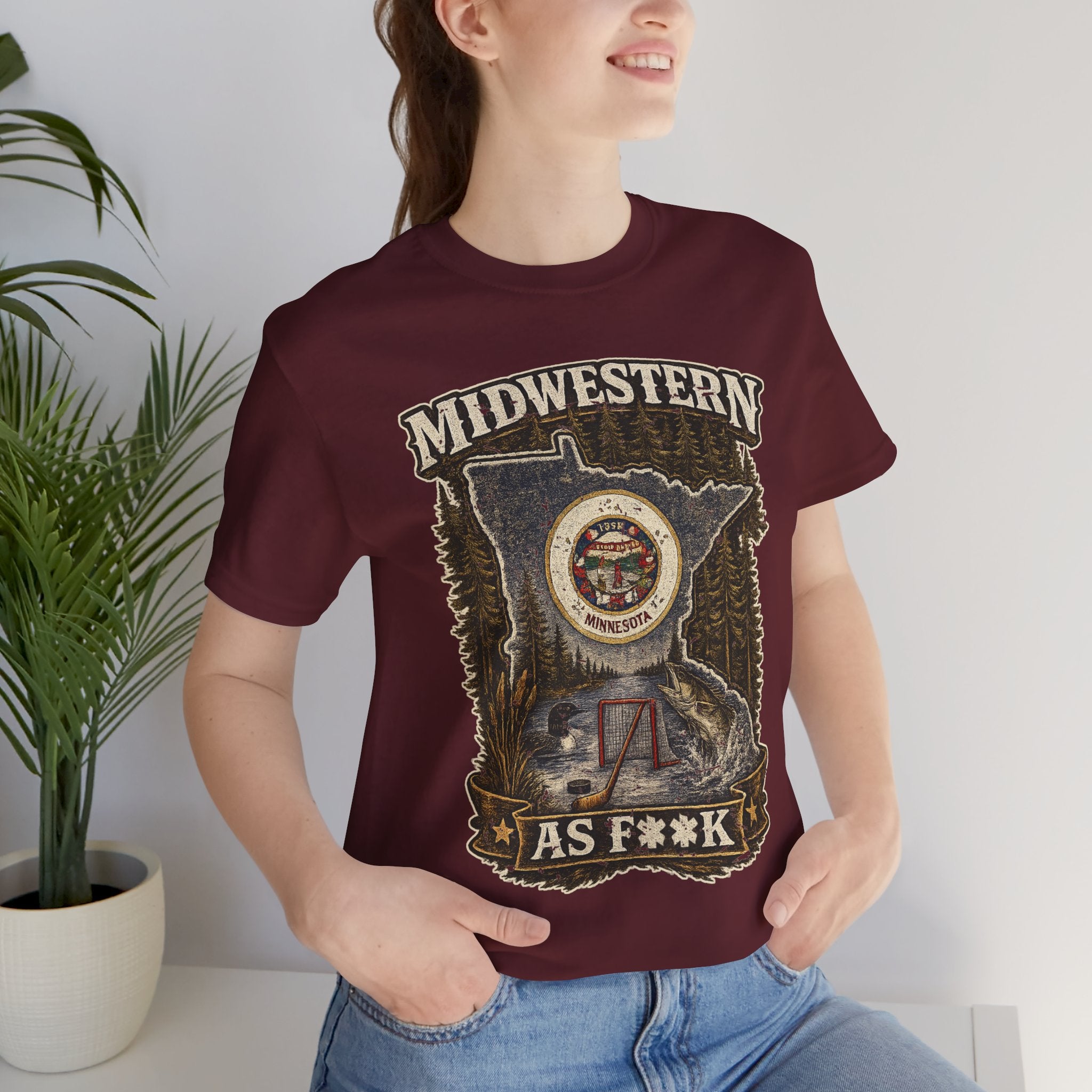 Slightly Salty Midwestern As F**K Minnesota T-Shirt – product photo 15 featuring the distressed state flag, pine trees, loon and walleye design
