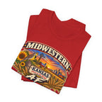 Folded red Kansas AF tee, close on the sunflowers, barn and grain elevators