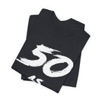Folded Vintage Black tees stacked with the white 50 print across the top fold