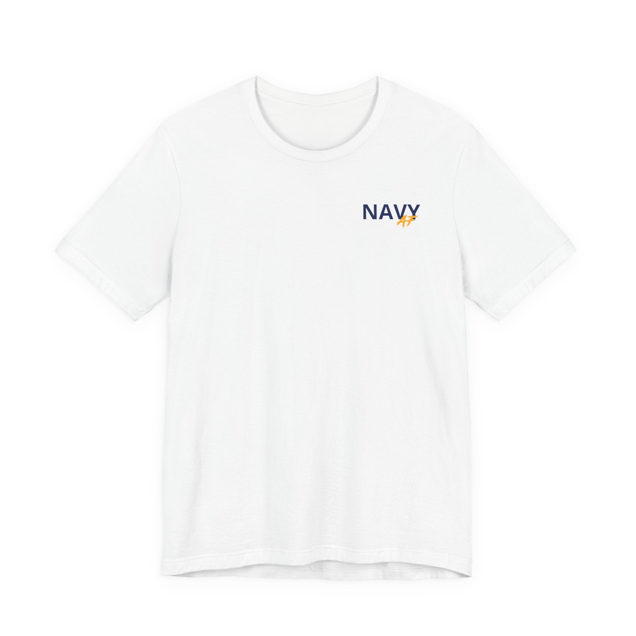 Navy veteran T-shirt in White laid flat with the personalized NAVY chest print in navy and gold