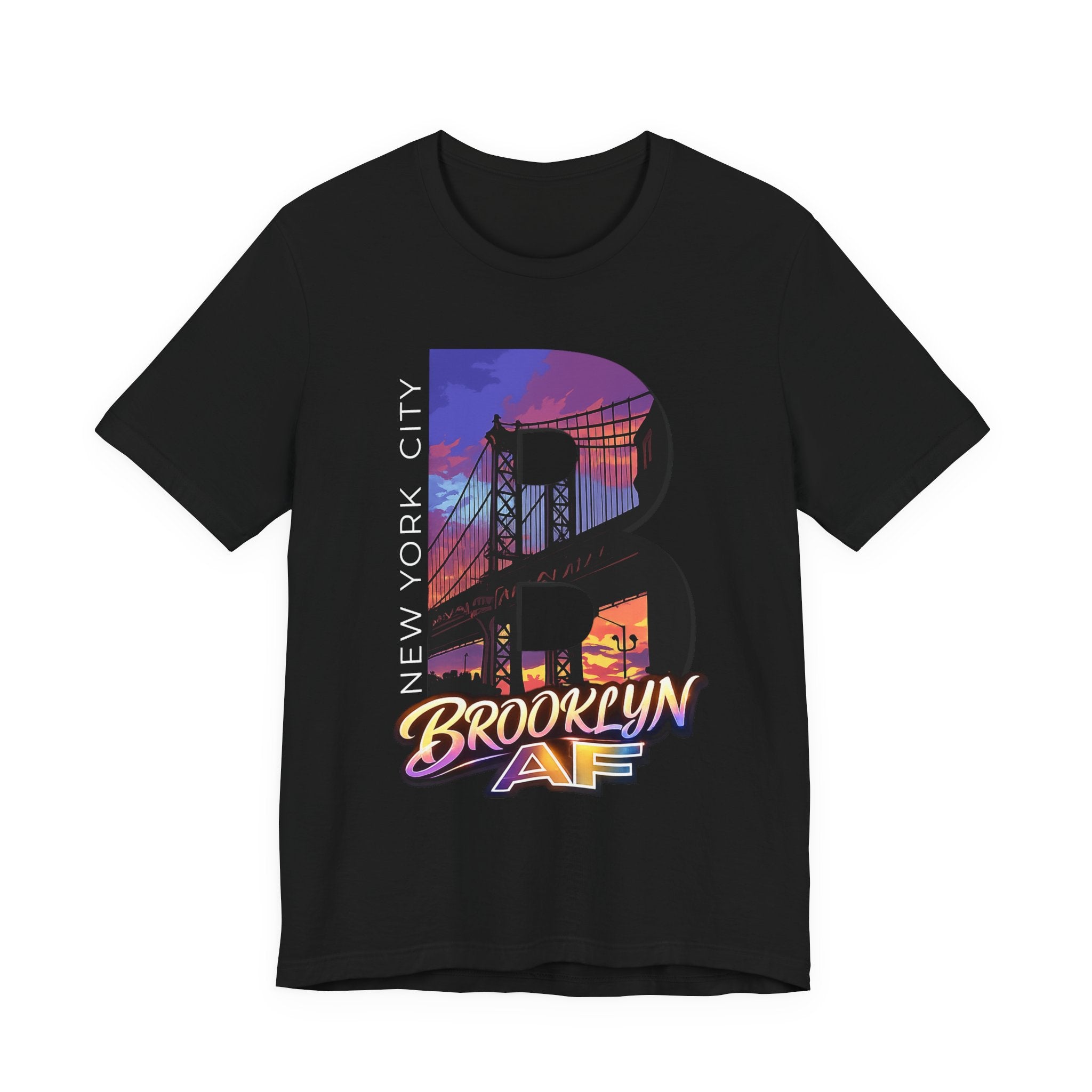 Black t-shirt, flat lay front view, with a bold B and a purple-orange Brooklyn Bridge sunset skyline graphic.