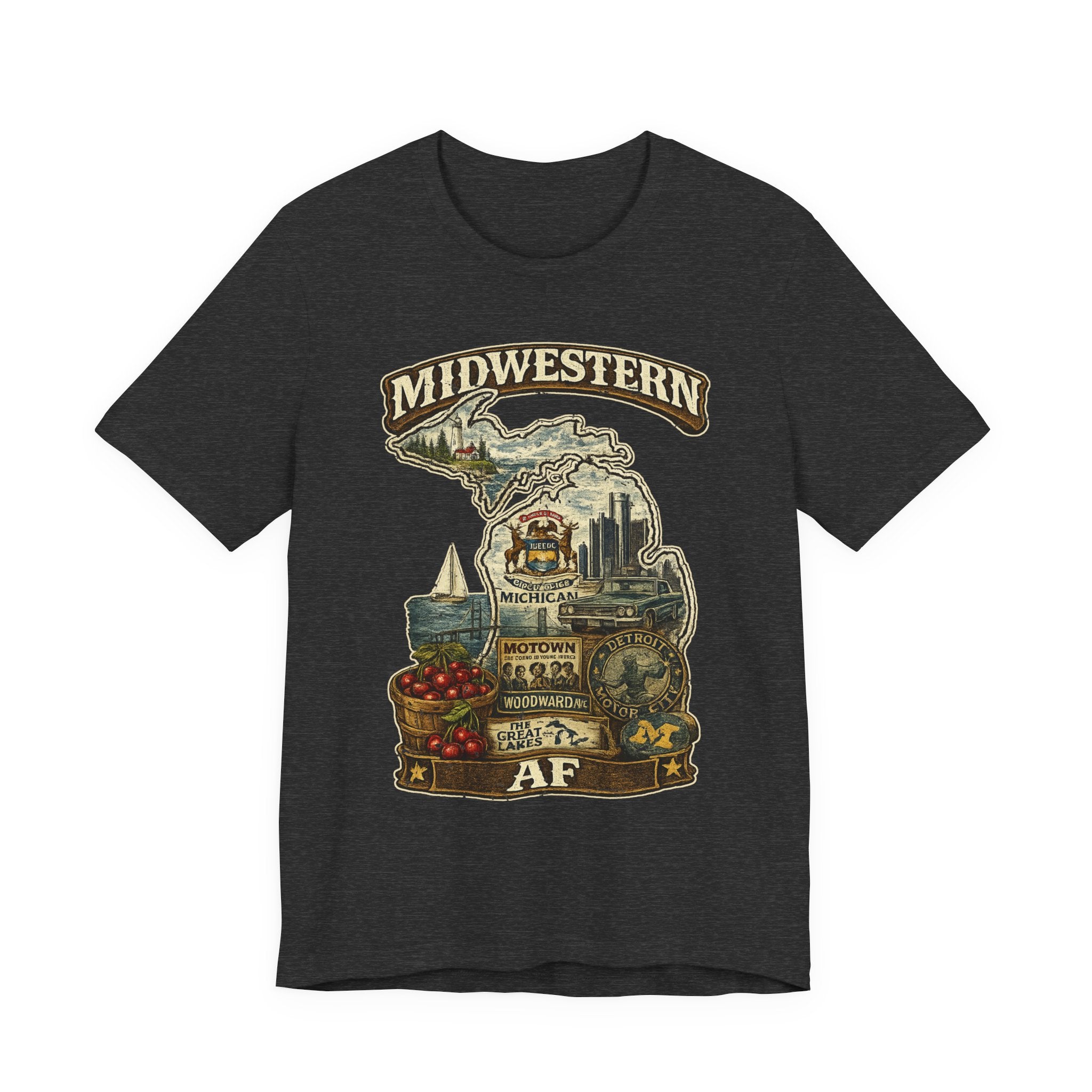 Family Friendly Midwestern AF Michigan T-Shirt in Dark Grey Heather – a distressed vintage design featuring Michigan's Upper and Lower Peninsulas overlaid with the state outline, surrounded by Detroit's skyline, Woodward Avenue, the Great Lakes, and Traverse City cherries