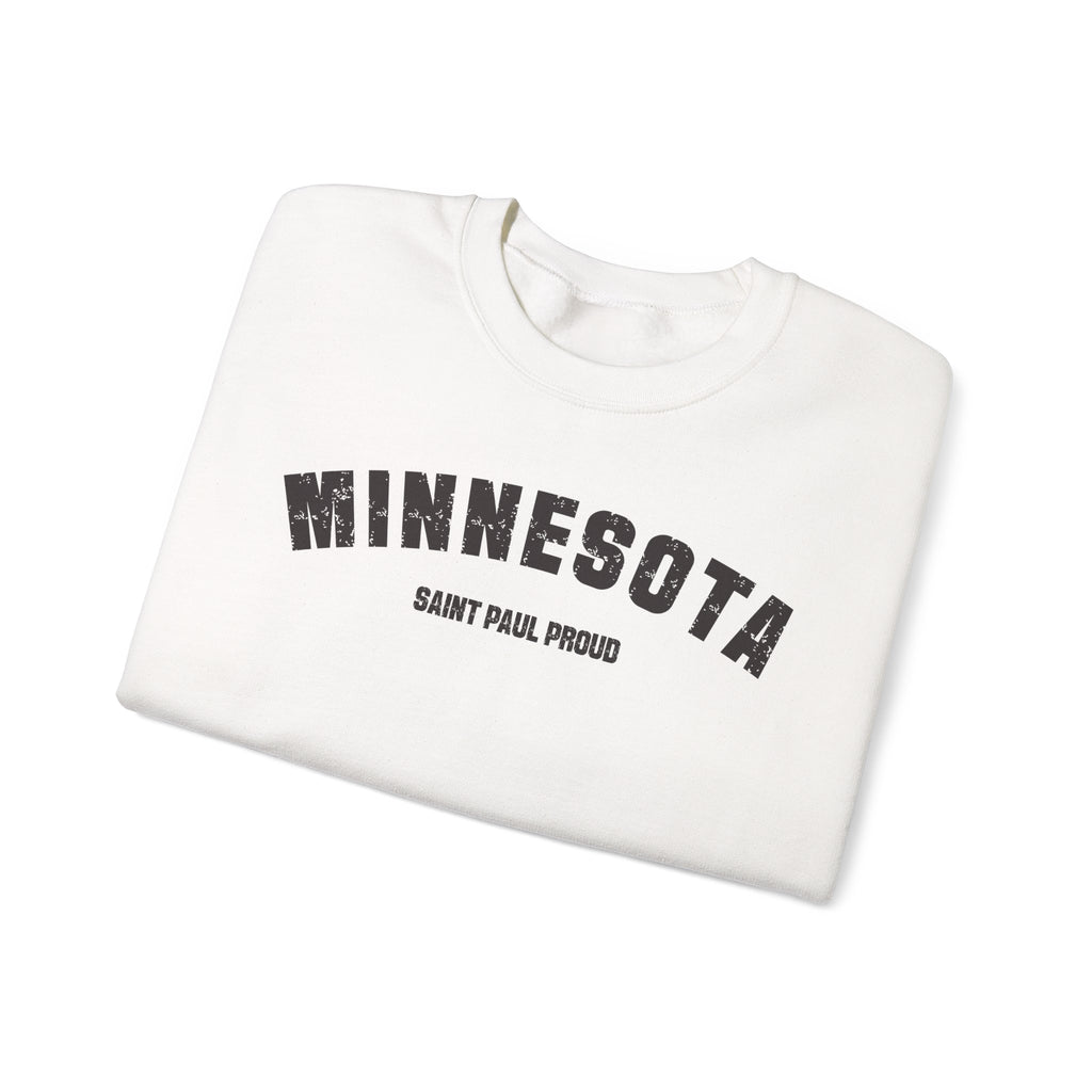White Minnesota crewneck folded, showing the distressed MINNESOTA arch and SAINT PAUL PROUD line