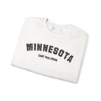 White Minnesota crewneck folded, showing the distressed MINNESOTA arch and SAINT PAUL PROUD line