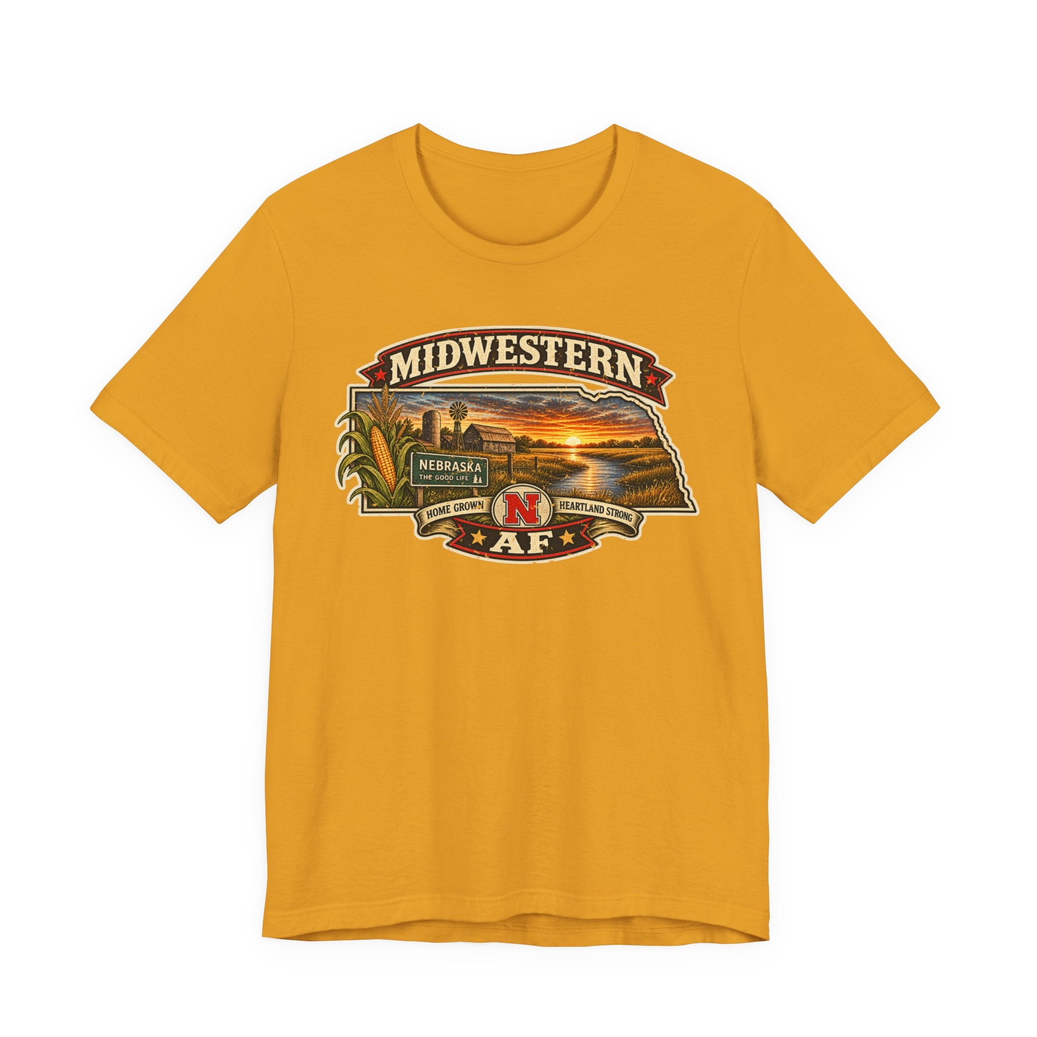 Mustard Nebraska T-shirt laid flat with the Midwestern AF state-shaped sunset farm graphic on the chest