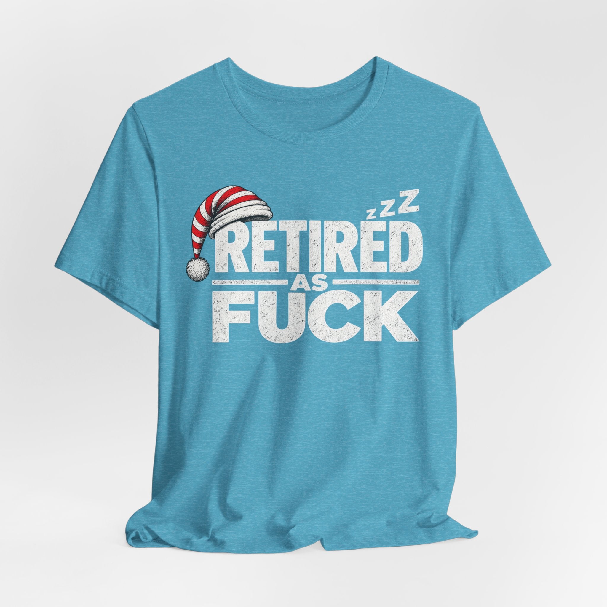 Heather Aqua Retired As Fuck T-shirt draped and rumpled with the graphic facing forward