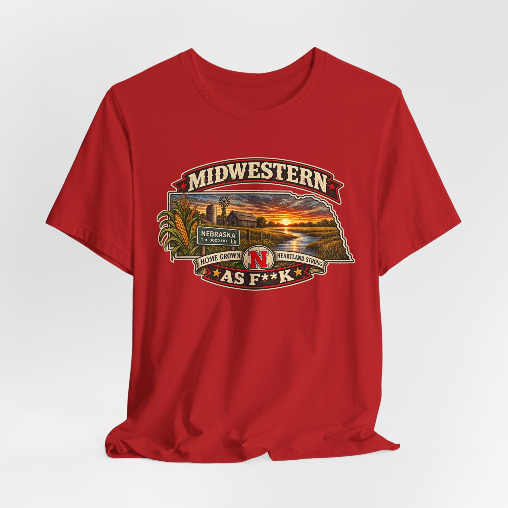 Red Nebraska As F**K T-shirt draped flat with the full front graphic