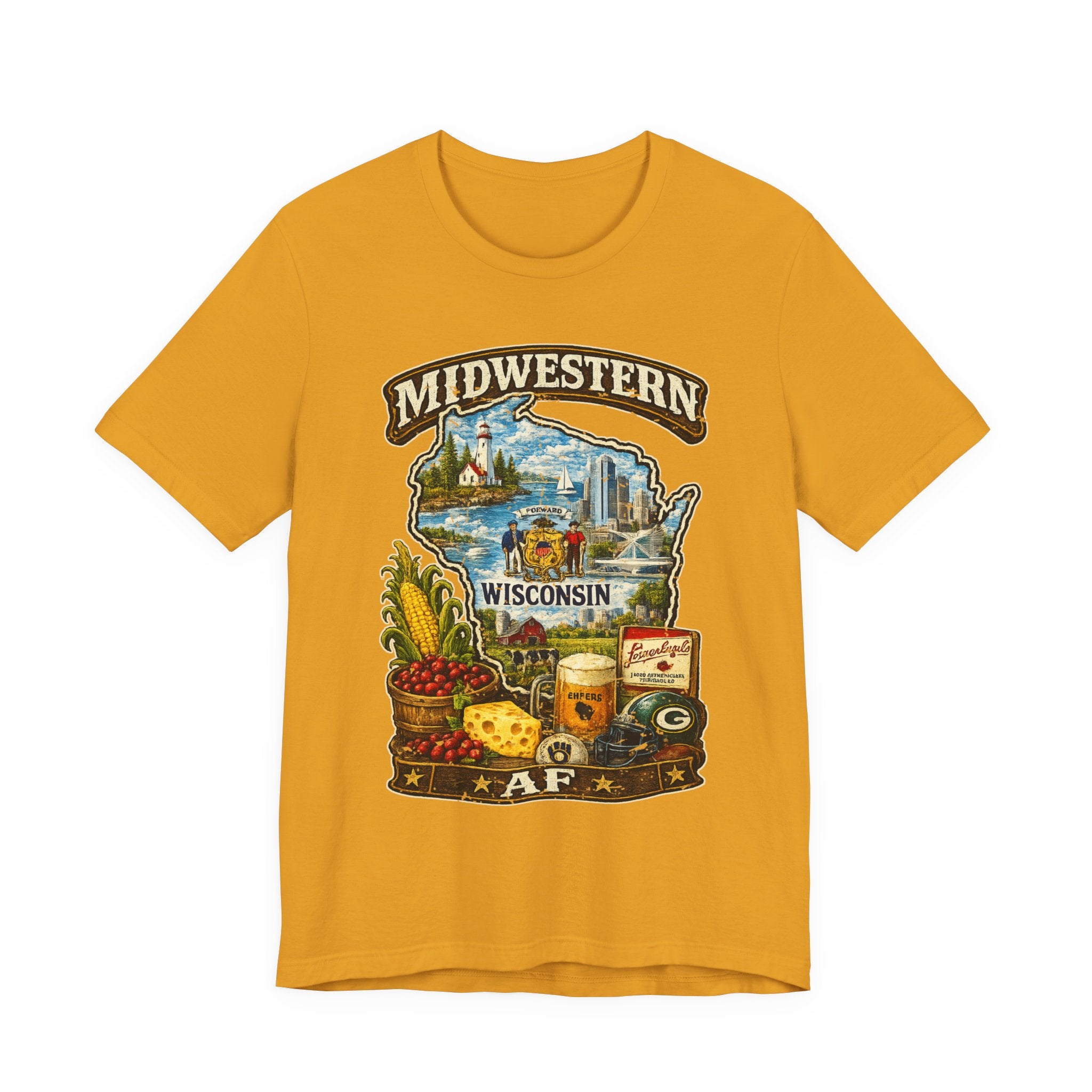 Mustard Midwestern AF Wisconsin T-Shirt, family friendly Cheesehead State pride tee