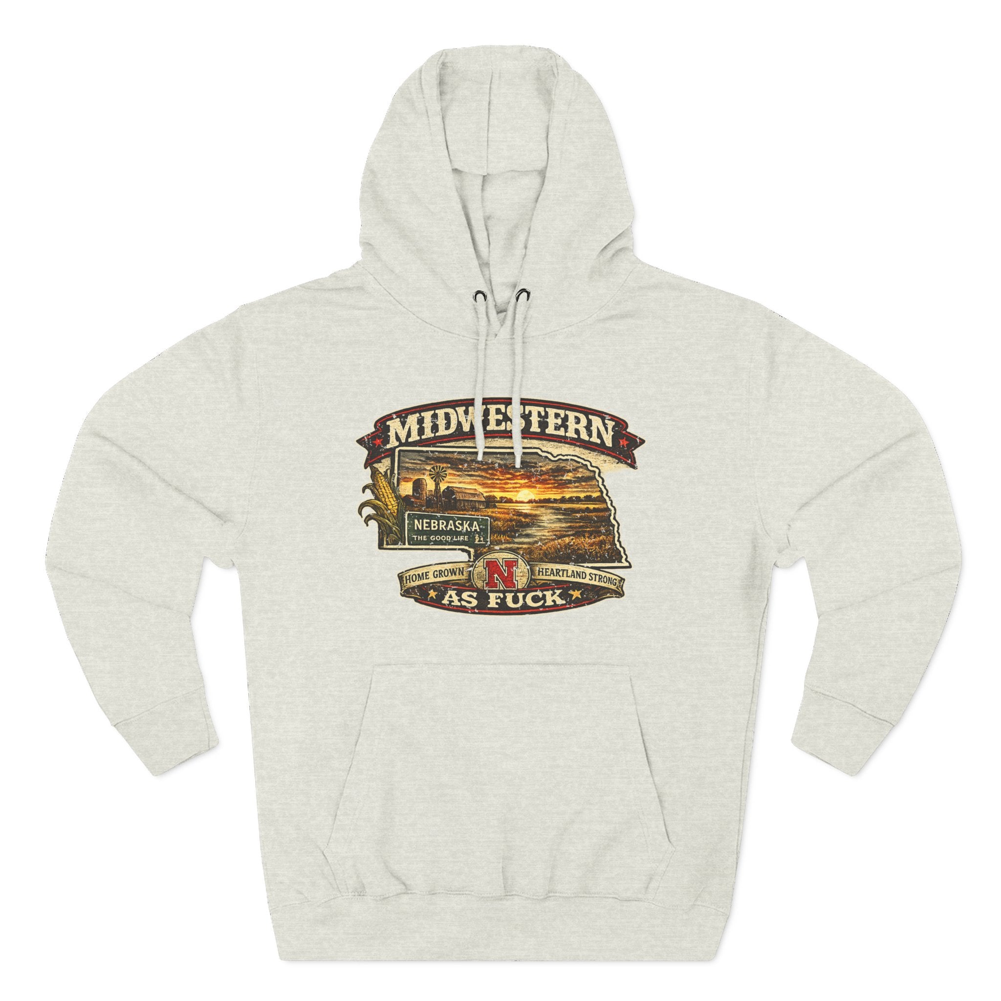 Oatmeal heather Nebraska As Fuck hoodie laid flat with the state-shaped sunset farm badge