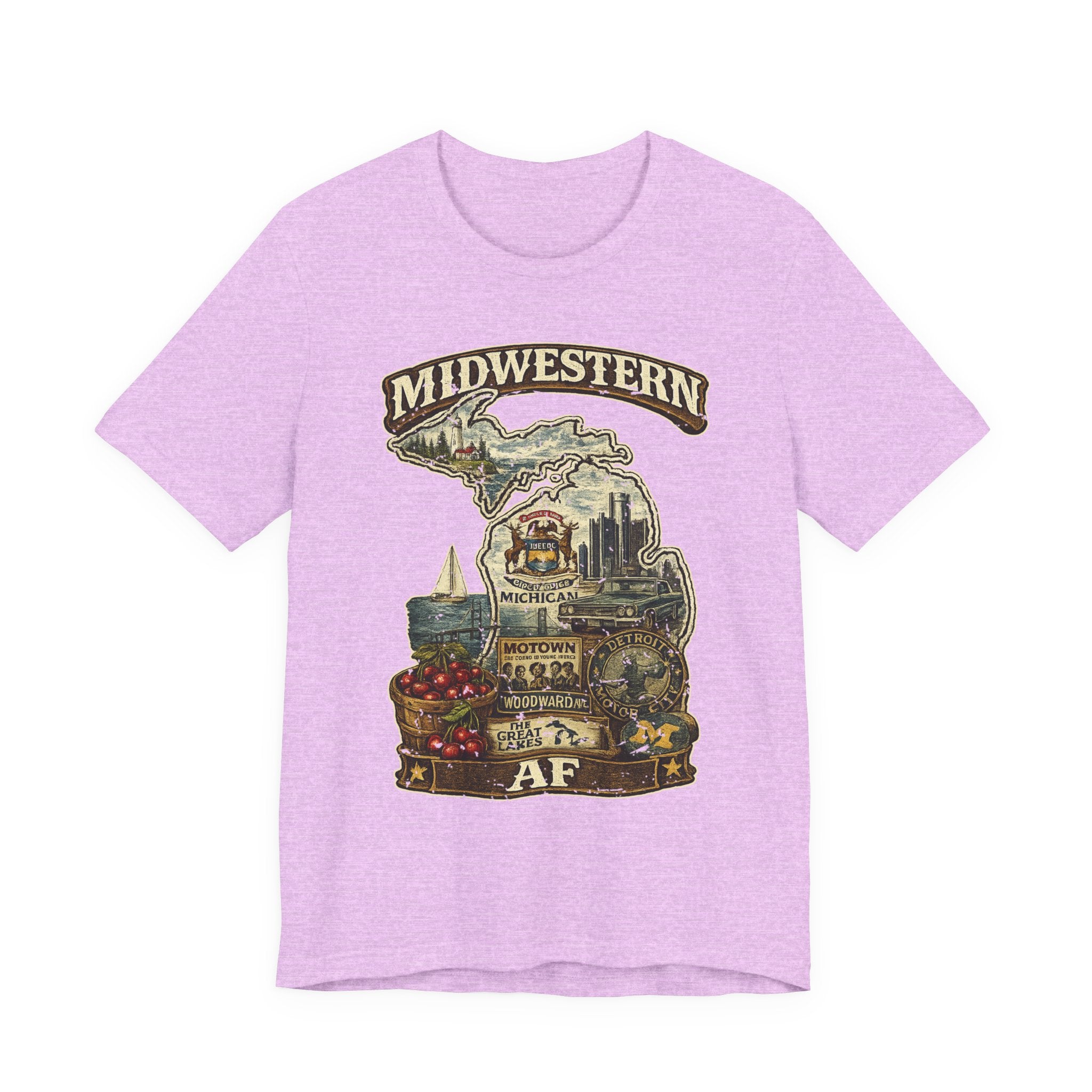 Family Friendly Midwestern AF Michigan T-Shirt in Heather Prism Lilac – a distressed vintage design featuring Michigan's Upper and Lower Peninsulas overlaid with the state outline, surrounded by Detroit's skyline, Woodward Avenue, the Great Lakes, and Traverse City cherries