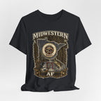 Family Friendly Midwestern AF Minnesota T-Shirt – product photo 28 featuring the distressed state flag, pine trees, loon and walleye design