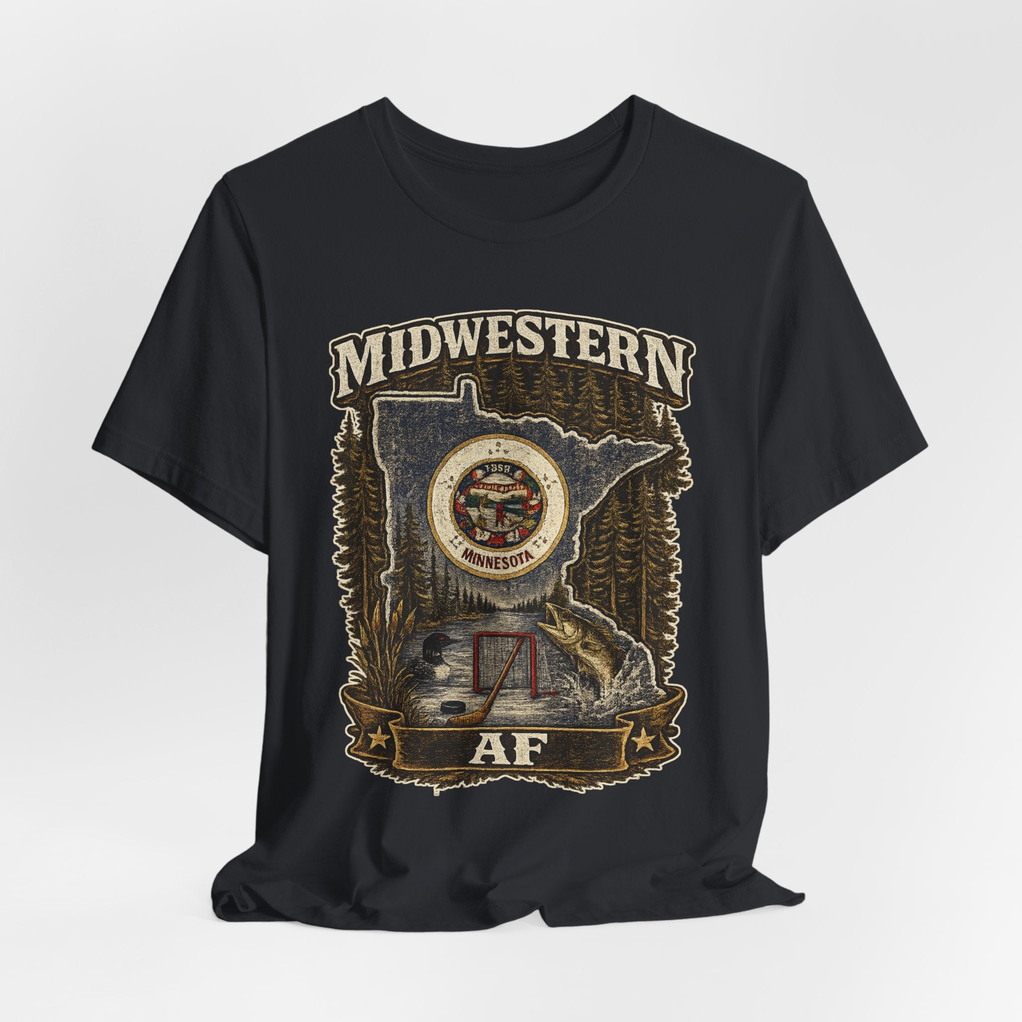 Family Friendly Midwestern AF Minnesota T-Shirt – product photo 28 featuring the distressed state flag, pine trees, loon and walleye design