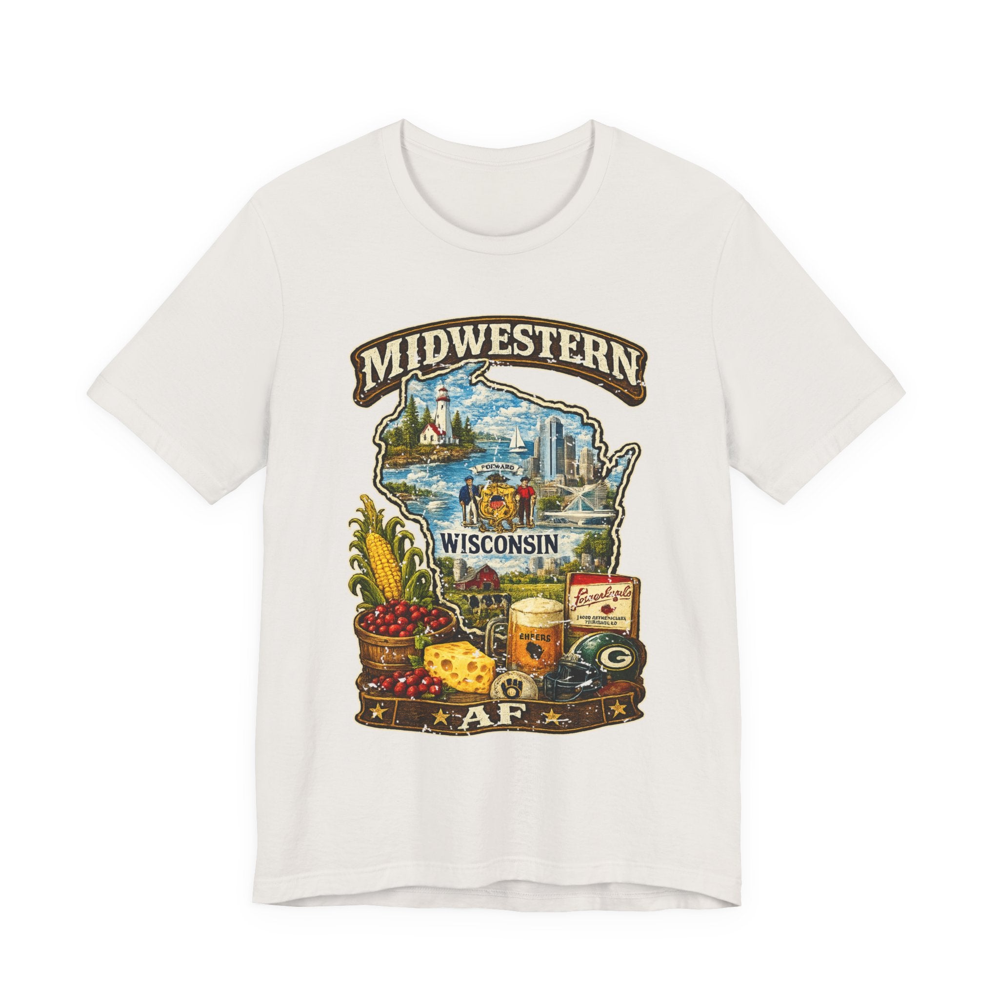 Vintage White Midwestern AF Wisconsin T-Shirt, family friendly Cheesehead State pride tee