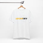 White IDGAF Army T-shirt on a wooden hanger against a pale wall, front print centred