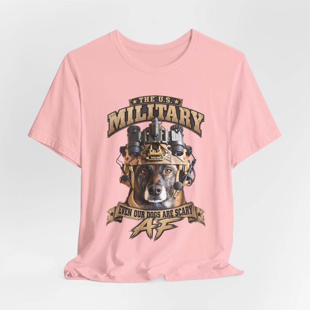 Military K-9 T-shirt in Pink shown draped with the working dog front print
