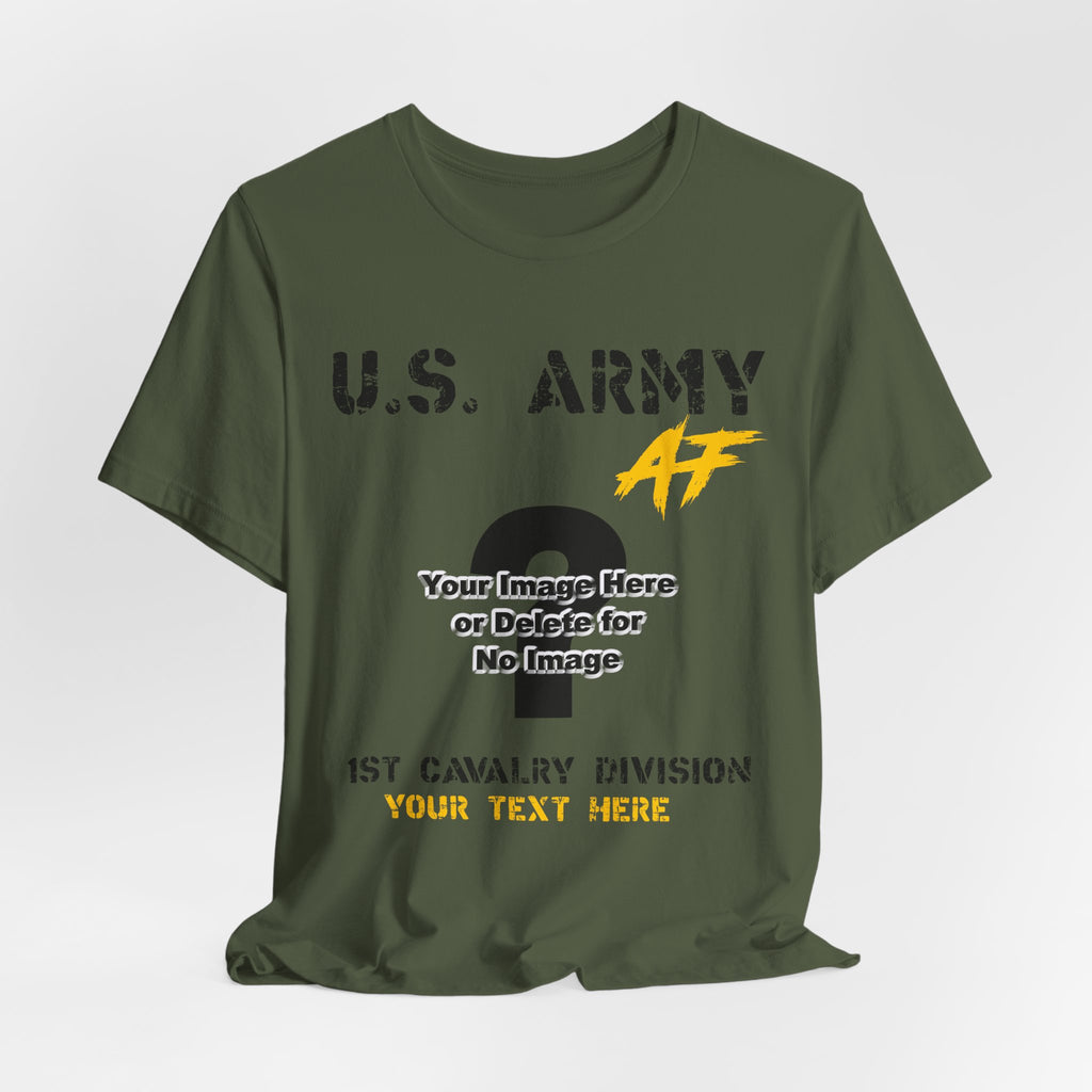 Personalized U.S. Army AF T-shirt in Military Green with U.S. ARMY lettering, shown flat with the custom photo area