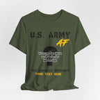 Personalized U.S. Army AF T-shirt in Military Green with U.S. ARMY lettering, shown flat with the custom photo area