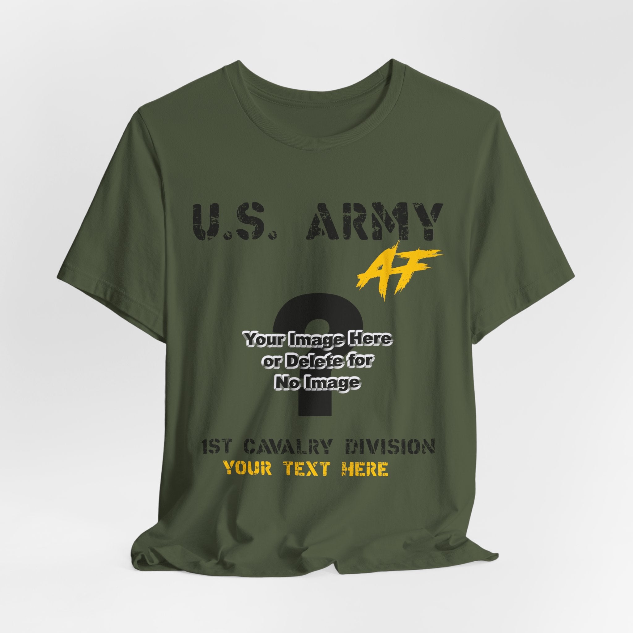 Personalized U.S. Army AF T-shirt in Military Green with U.S. ARMY lettering, shown flat with the custom photo area
