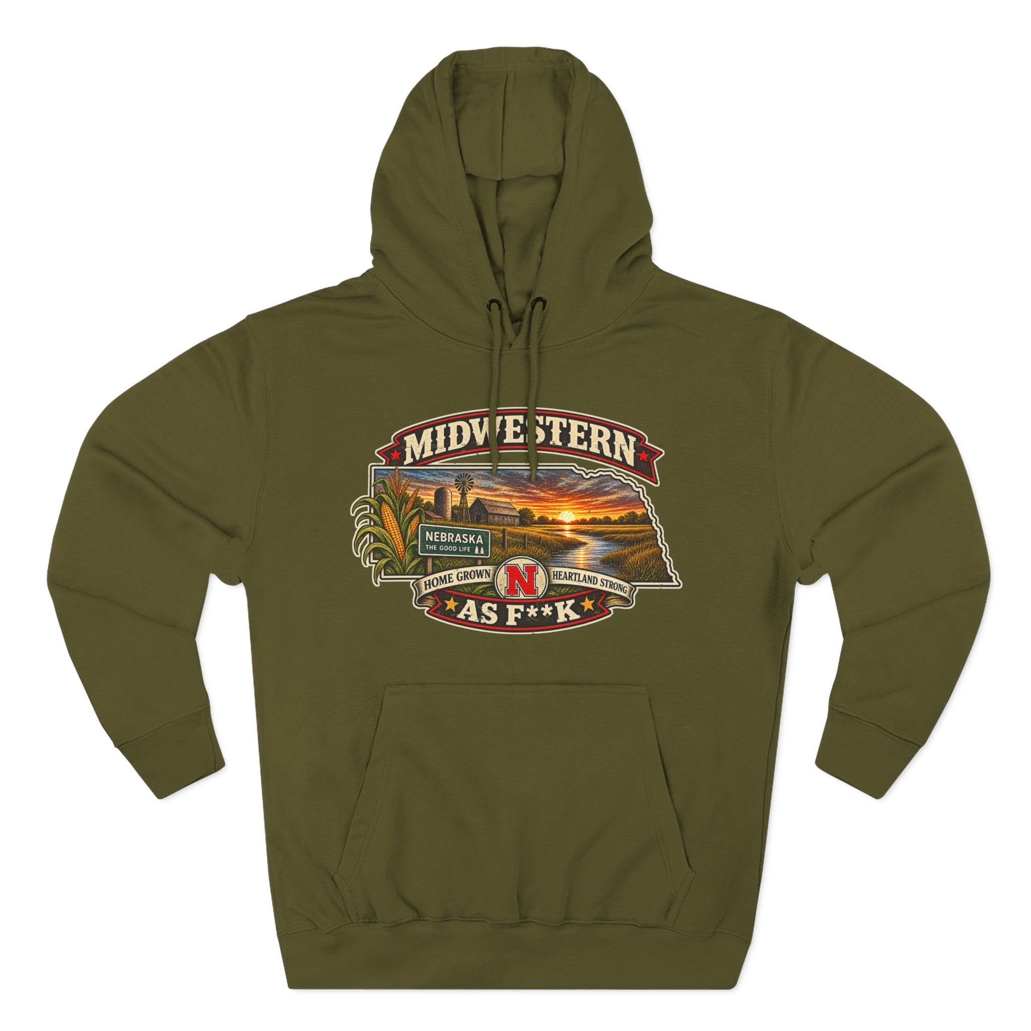 Army green Nebraska As F**K hoodie laid flat with the censored Midwestern banner print