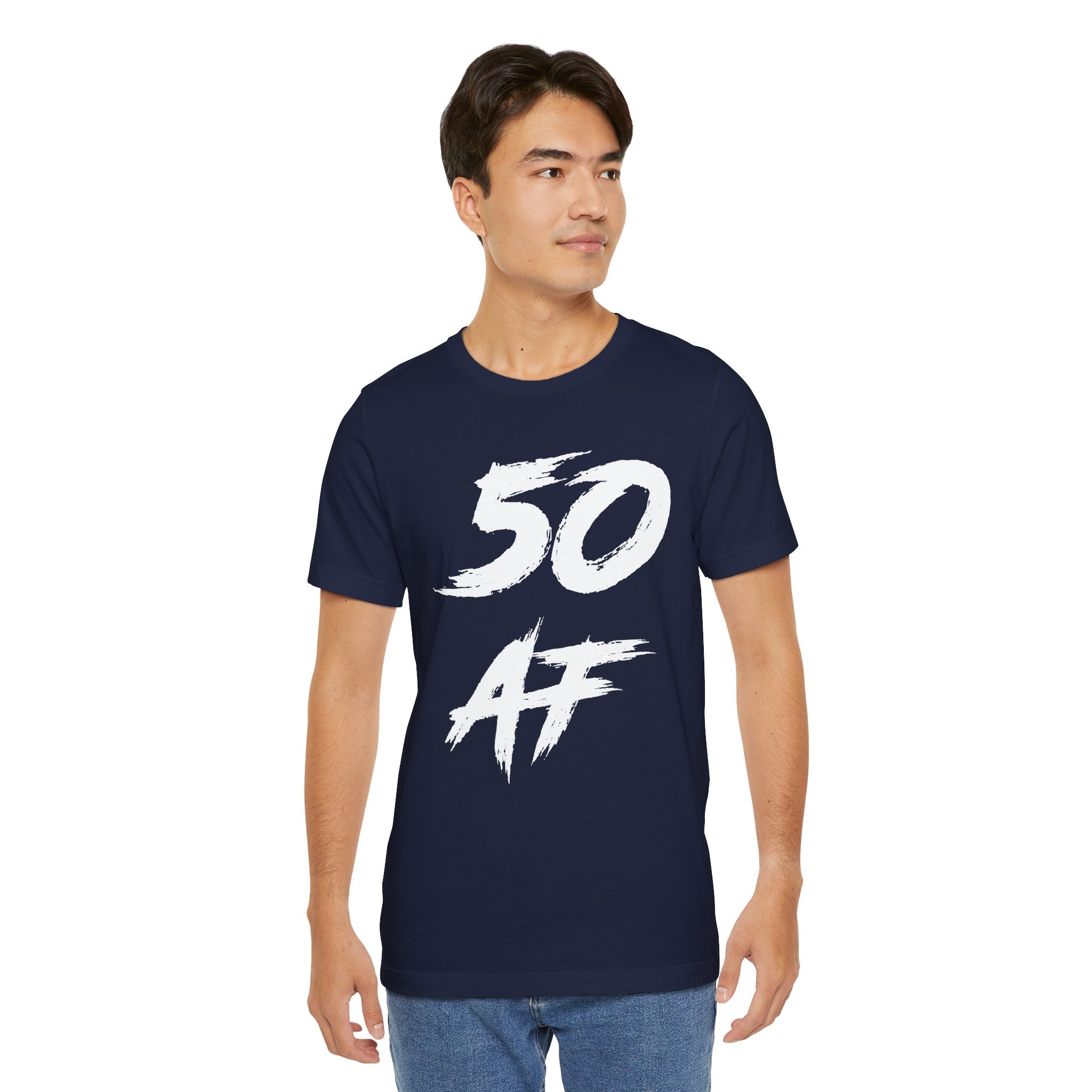 Man wearing the navy 50 AF birthday t-shirt, front view