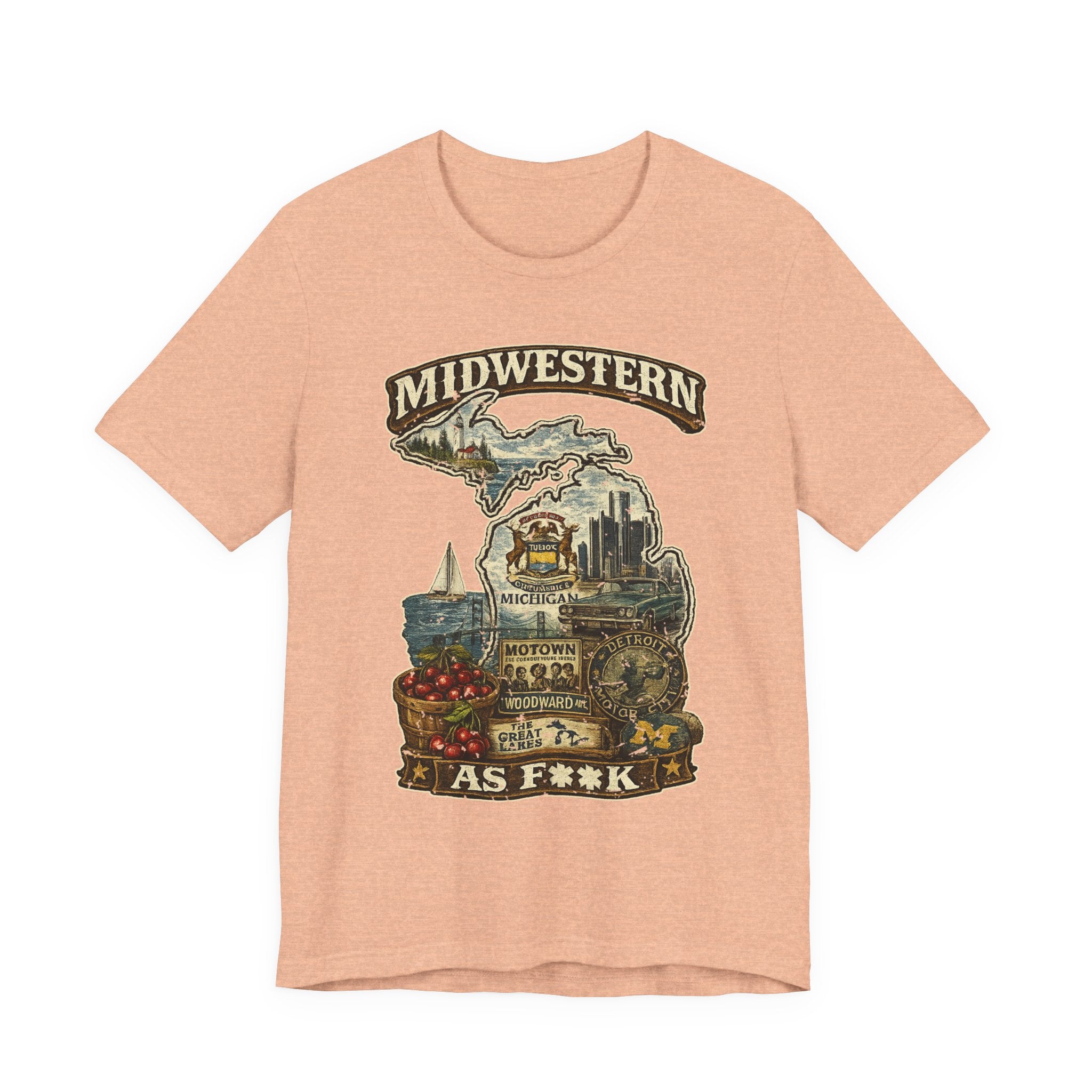 Slightly Salty Midwestern As F**K Michigan T-Shirt in Heather Peach – a distressed vintage design featuring Michigan's Upper and Lower Peninsulas overlaid with the state outline, surrounded by Detroit's skyline, Woodward Avenue, the Great Lakes, and Traverse City cherries