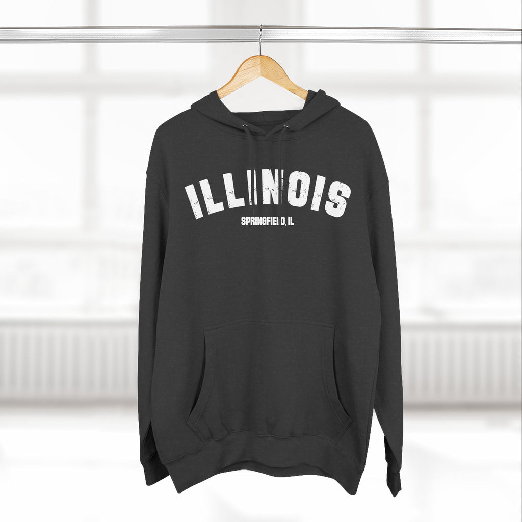 Charcoal Heather personalized Illinois hoodie on a hanger, white ILLINOIS above a Springfield IL line