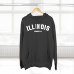 Charcoal Heather personalized Illinois hoodie on a hanger, white ILLINOIS above a Springfield IL line
