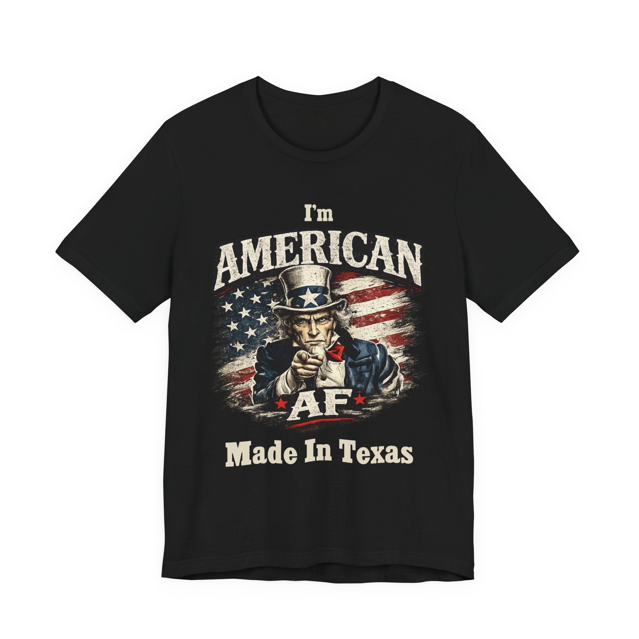 Black t-shirt shown front-on with the Uncle Sam pointing graphic and personalized AF Made In Texas text.