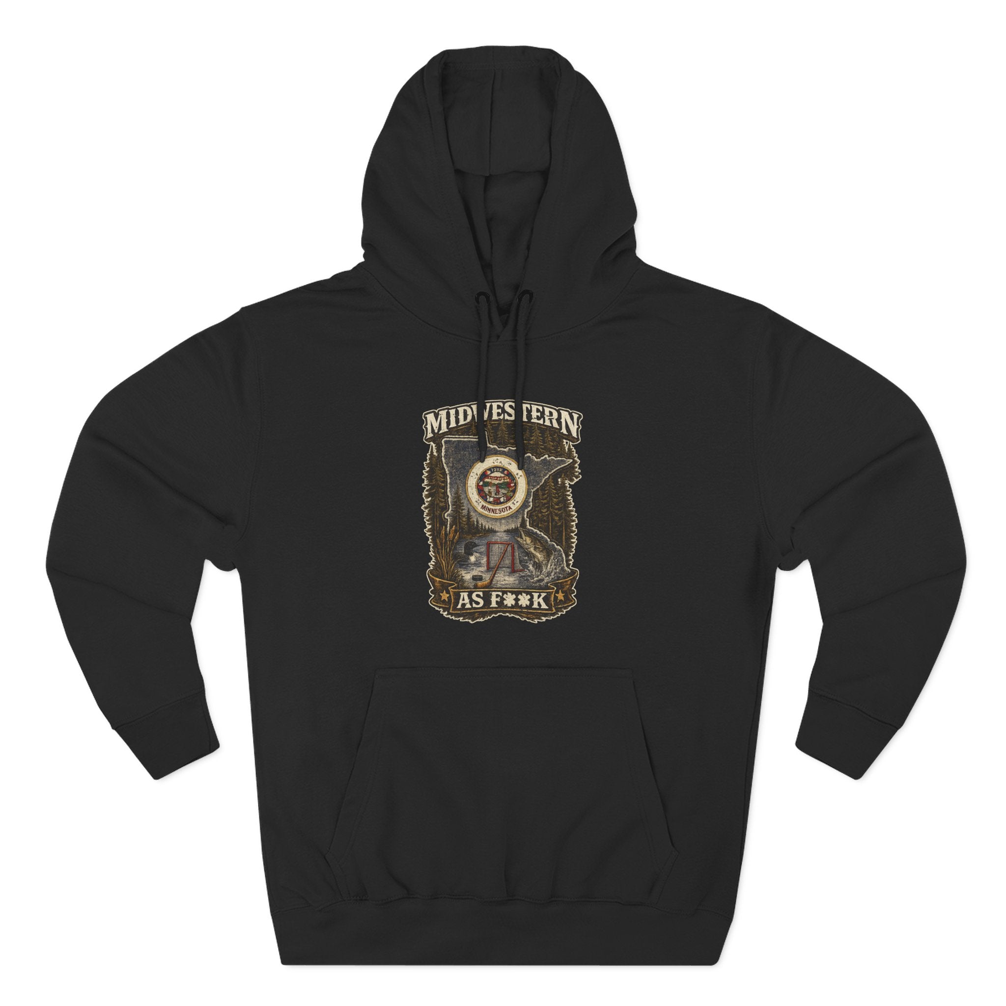 Slightly Salty Midwestern As F**K Minnesota Hoodie in Black – distressed Minnesota state flag design with pine trees, loon and walleye