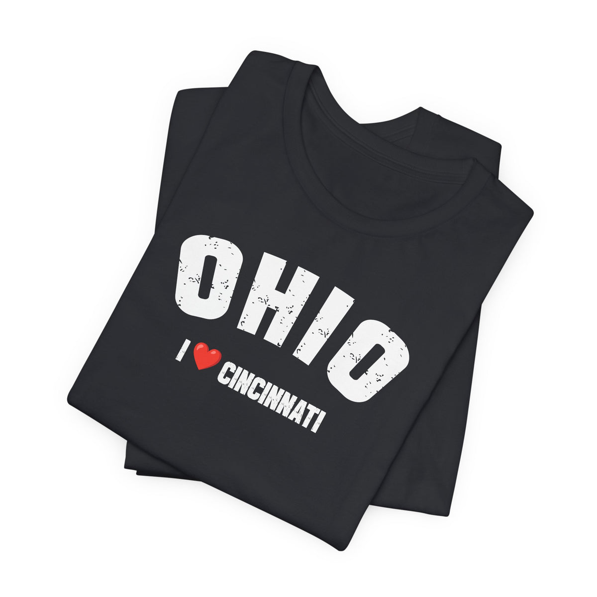Black Personalized Ohio tee folded, white varsity OHIO lettering across the top
