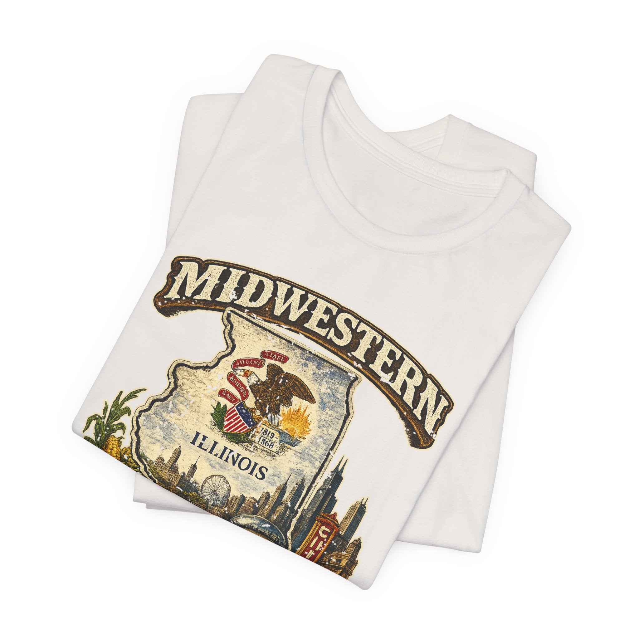 Slightly Salty Midwestern As F**K Illinois T-Shirt – product photo 24 featuring a distressed vintage design featuring the Illinois state outline overlaid with the state flag, surrounded by the Chicago skyline, the Chicago Theatre sign, The Bean, deep-dish pizza, a Chicago-style hot dog, and towering corn fields