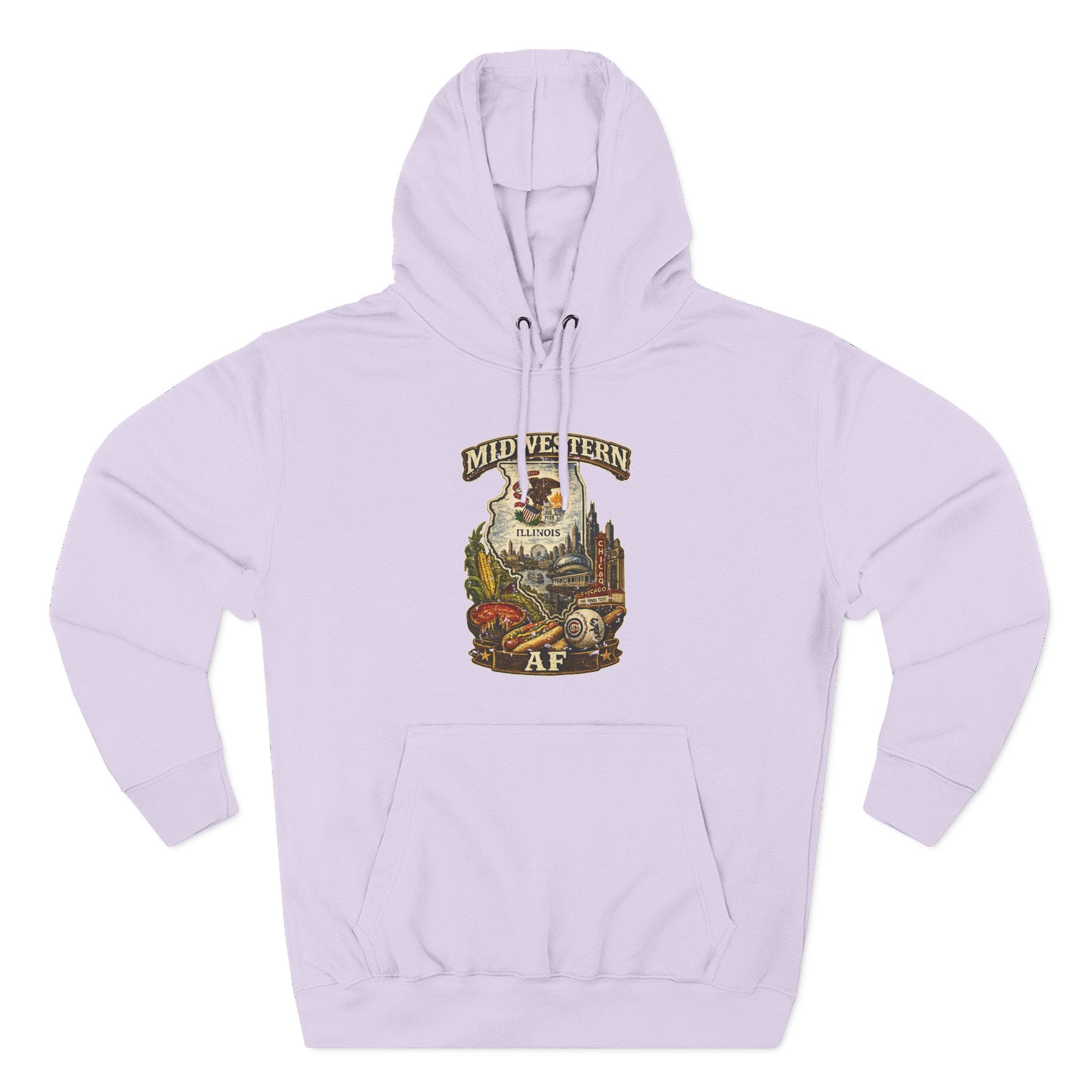 Family Friendly Midwestern AF Illinois Hoodie in Lilac – a distressed vintage design featuring the Illinois state outline overlaid with the state flag, surrounded by the Chicago skyline, the Chicago Theatre sign, The Bean, deep-dish pizza, a Chicago-style hot dog, and towering corn fields