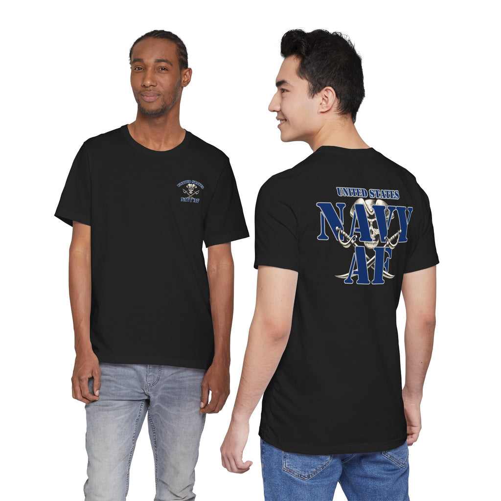 Two men in black Navy AF T-shirts, one turned to show the large pirate cutlass back print