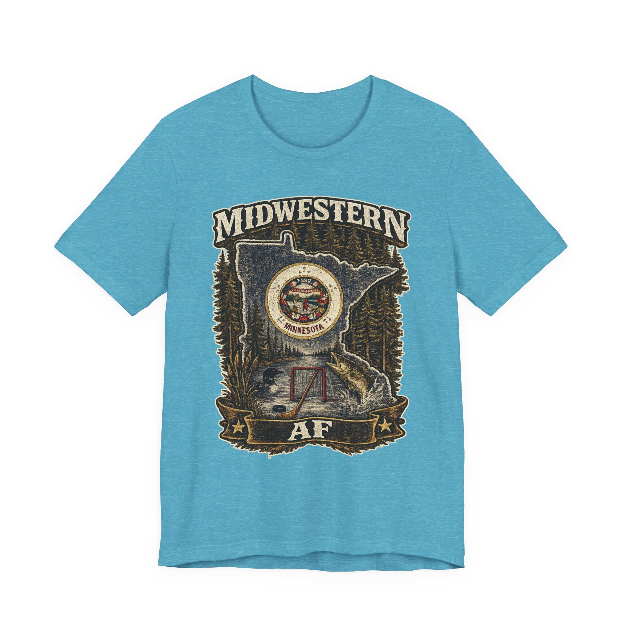 Family Friendly Midwestern AF Minnesota T-Shirt in Heather Aqua – distressed Minnesota state flag design with pine trees, loon and walleye