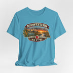 Heather aqua Nebraska As F**K tee draped flat, artwork shown in full detail