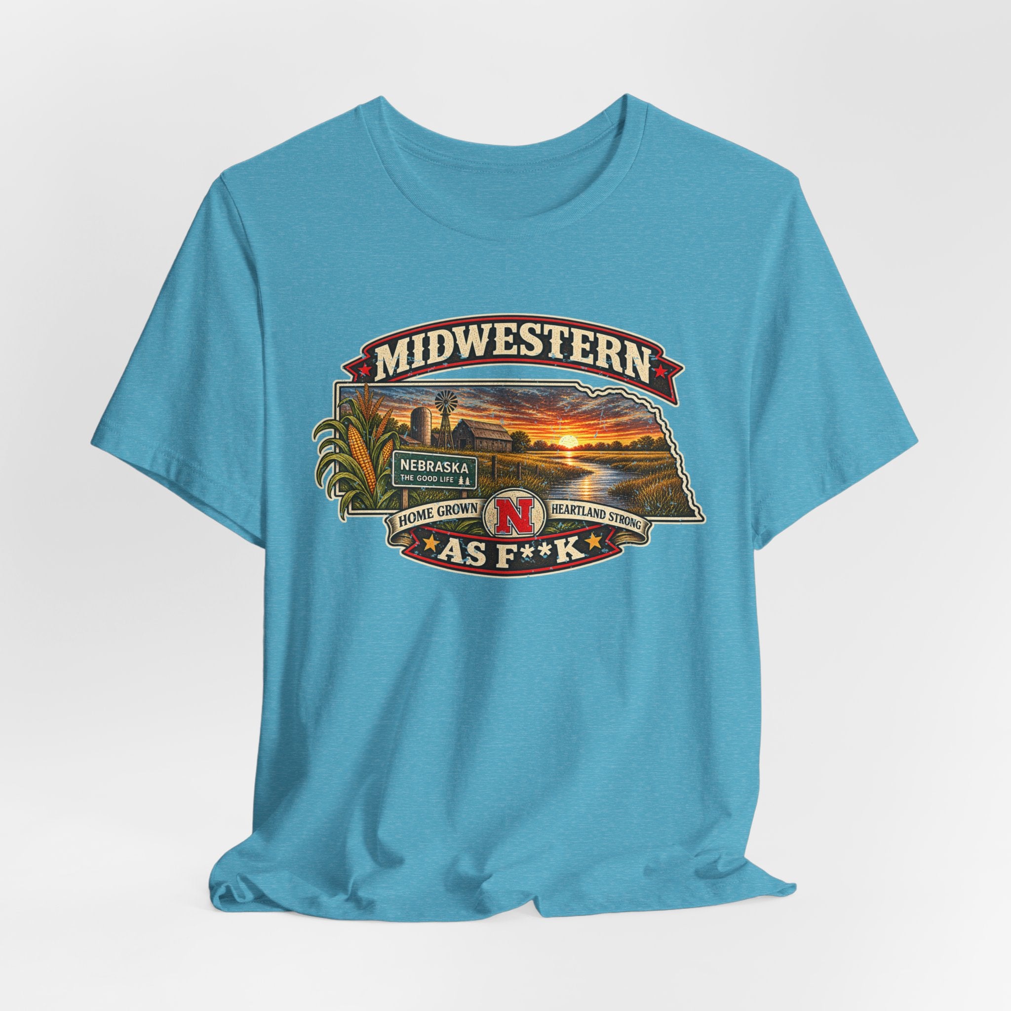 Heather aqua Nebraska As F**K tee draped flat, artwork shown in full detail