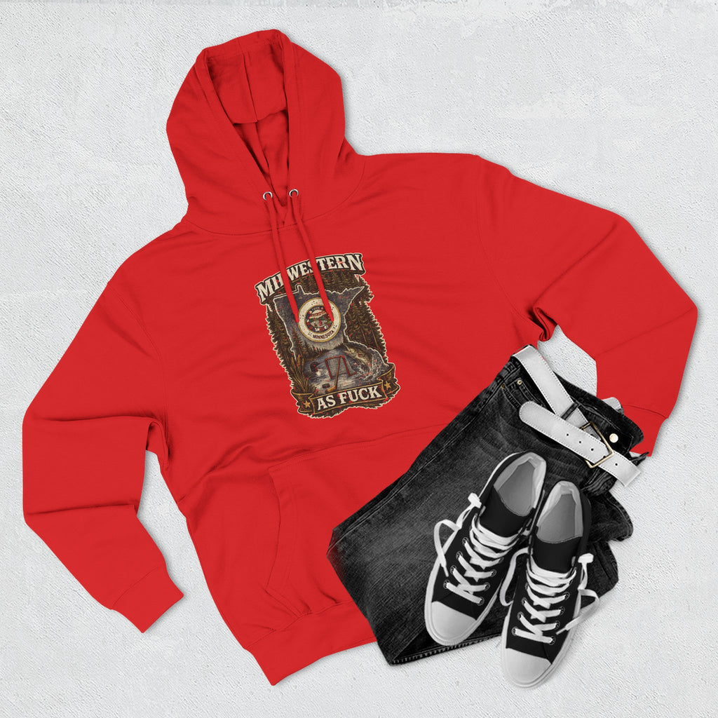 No Filter Midwestern As Fuck Minnesota Hoodie – product photo 9 featuring the distressed state flag, pine trees, loon and walleye design