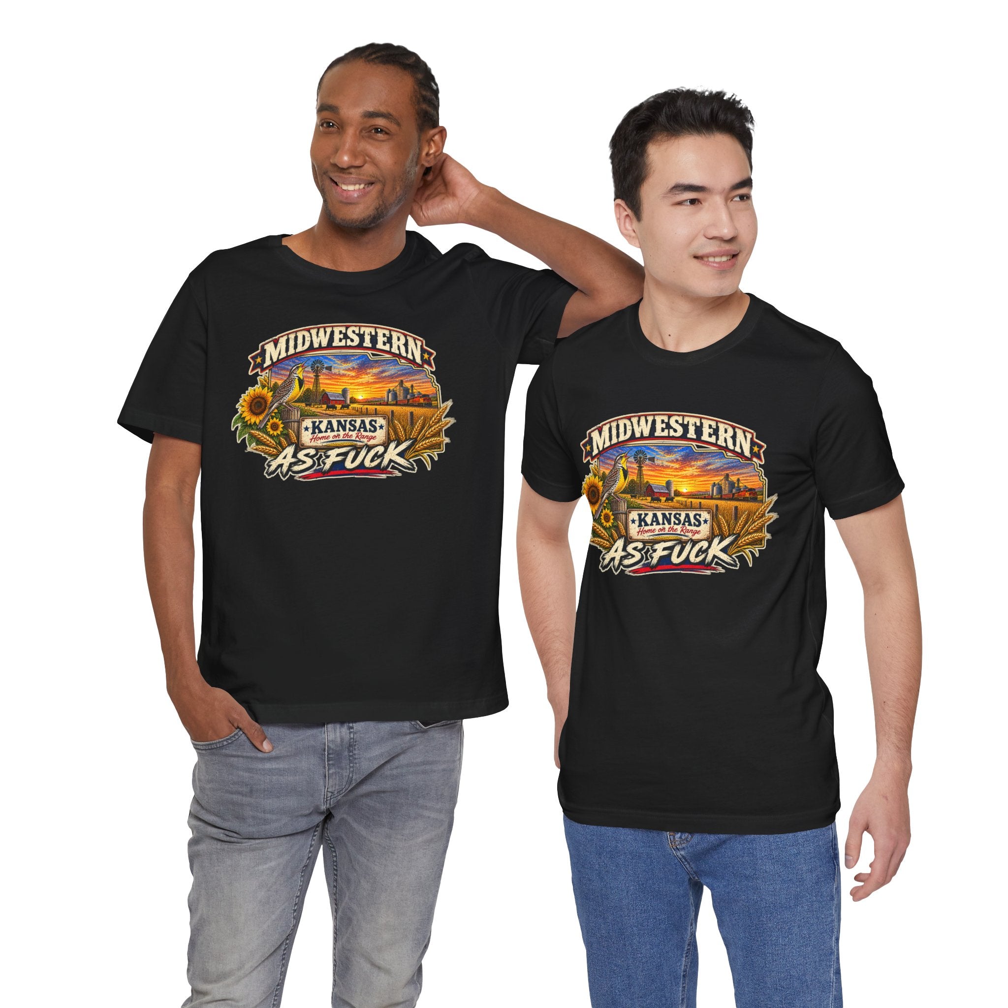Two men wearing black Kansas As Fuck T-shirts with the prairie sunset badge